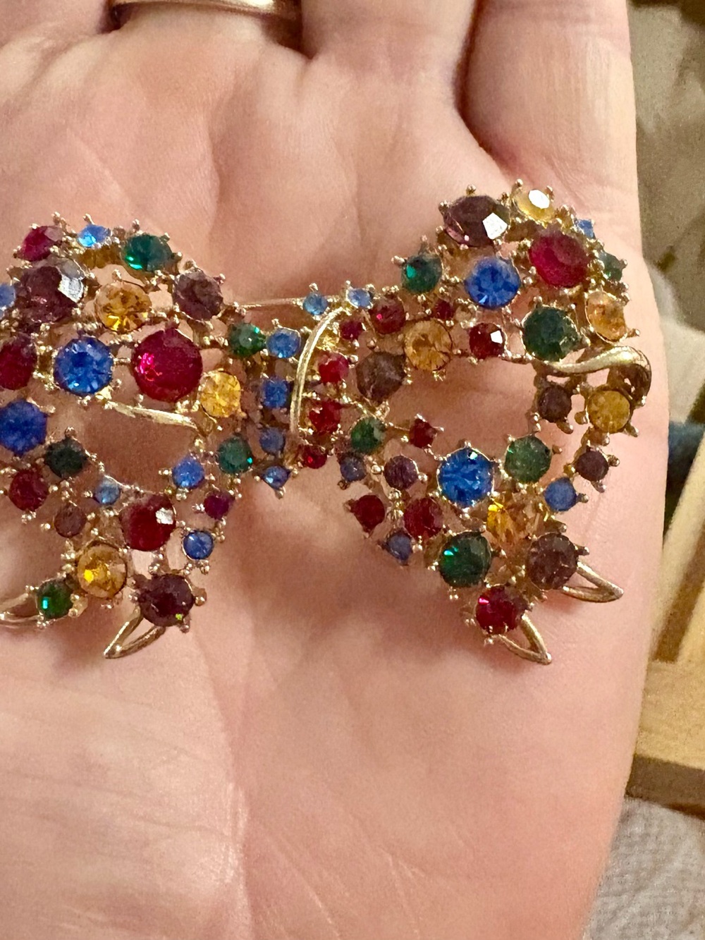 Vintage Multi-Color Rhinestone Bow Brooch • Gold Tone Confetti Ribbon Pin •